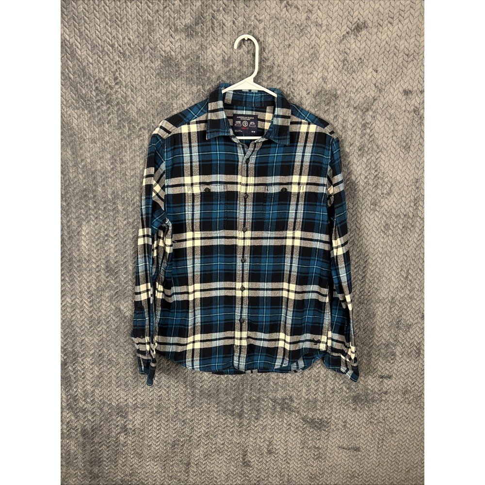 American Eagle Shirt Mens M Blue Plaid Flannel Button Up Prep Fit Lumberjack - Picture 1 of 7